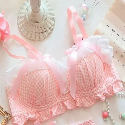 Plaid Print Push Up Bra with Bow Decor - Image 2