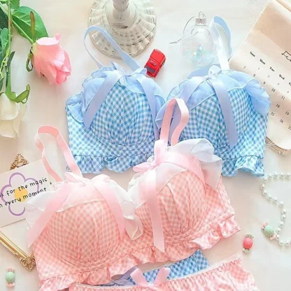 Plaid Print Push Up Bra with Bow Decor - Image 3