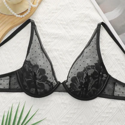 Sheer Mesh V-neck Bra with Polka Dot Design - Image 3