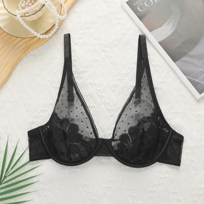 Sheer Mesh V-neck Bra with Polka Dot Design - Image 2