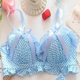 Plaid Print Push Up Bra with Bow Decor